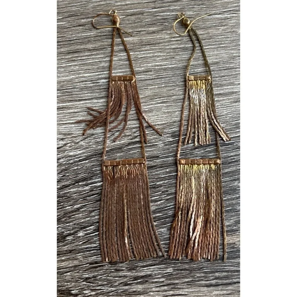 Vintage Copper Rose Gold Long Tassle Multi Start and Dangle Earrings White Stone